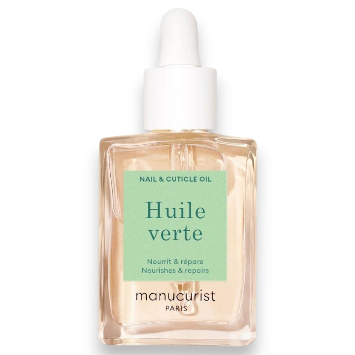 A clear dropper bottle labeled “MANUCURIST - HUILE VERTE NOURISHING CUTICLE OIL” by MANUCURIST INC, featuring a green label and white cap, perfect for daily nail nourishment.