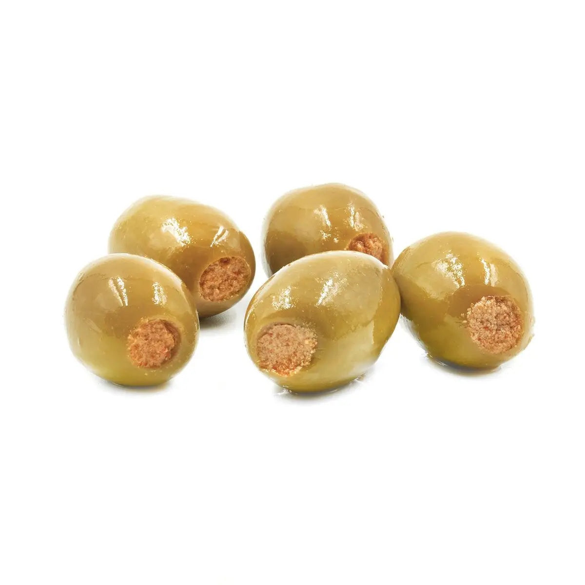 A jar of DIVINA - BUFFALO BLUE OLIVES features Greek blue cheese stuffed olives with a bold kick of buffalo spice. The label recommends them as the ultimate Bloody Mary garnish and emphasizes their sharp, spicy flavor.