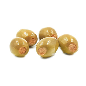 A jar of DIVINA - BUFFALO BLUE OLIVES features Greek blue cheese stuffed olives with a bold kick of buffalo spice. The label recommends them as the ultimate Bloody Mary garnish and emphasizes their sharp, spicy flavor.