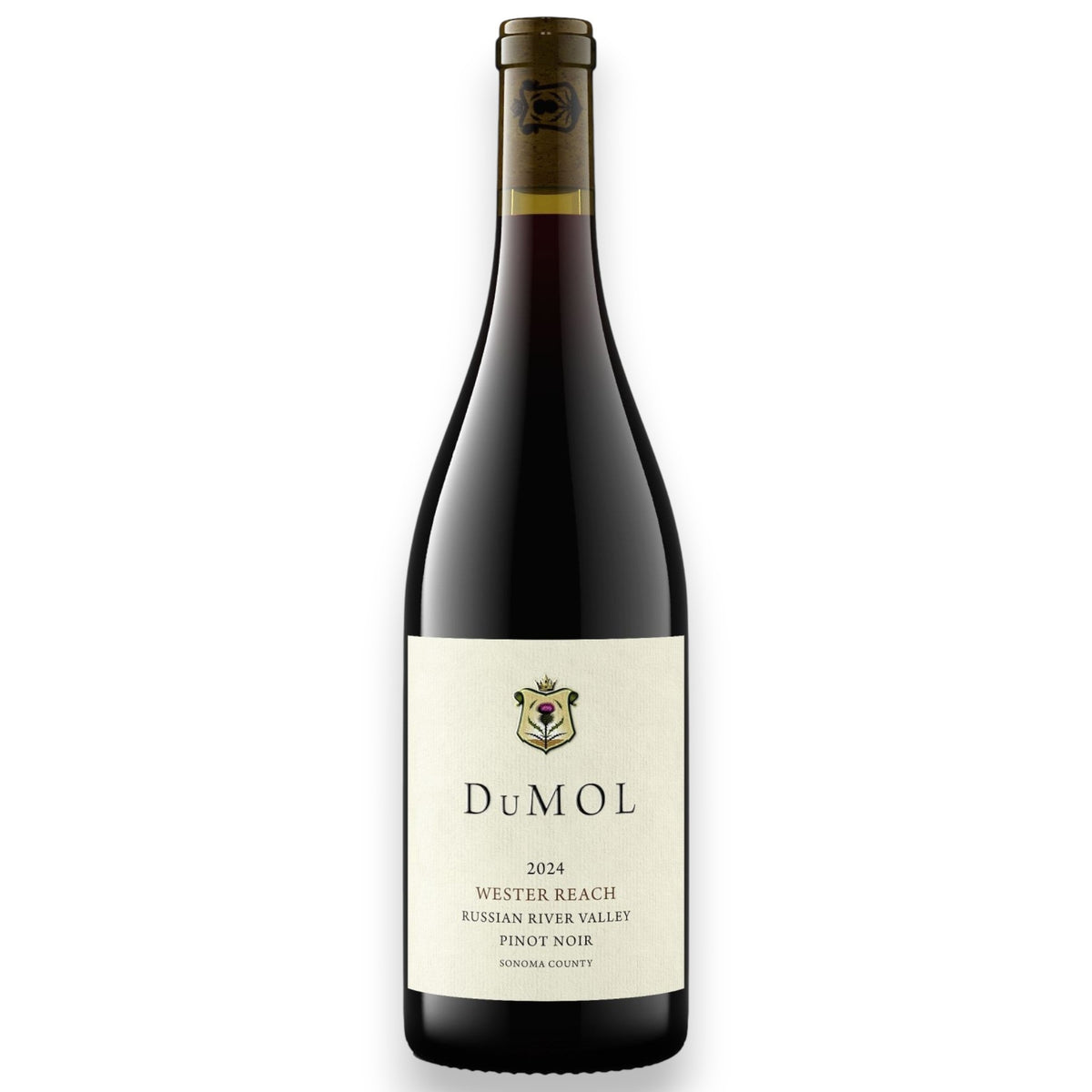A bottle of DUMOL WESTER REACH PINOT 2024 with a cream-colored label featuring a thistle crest and the DuMOL brand name, including details for the Russian River Valley and Sonoma County.