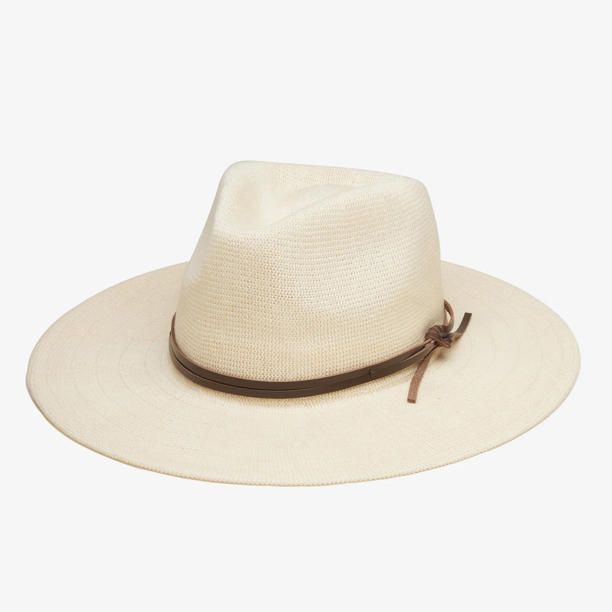 The WYETH Hats Hudson Mesh Panama Hat in Ivory features a packable design, wide brim, brown leather band with a simple knot, adjustable fit, and is shown against a white background.