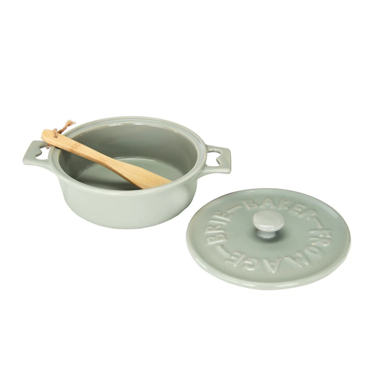 Set of two CREATIVE COOP stoneware brie bakers with lids—one gray, one white—each featuring handles and a matching wooden spreader tied on top.
