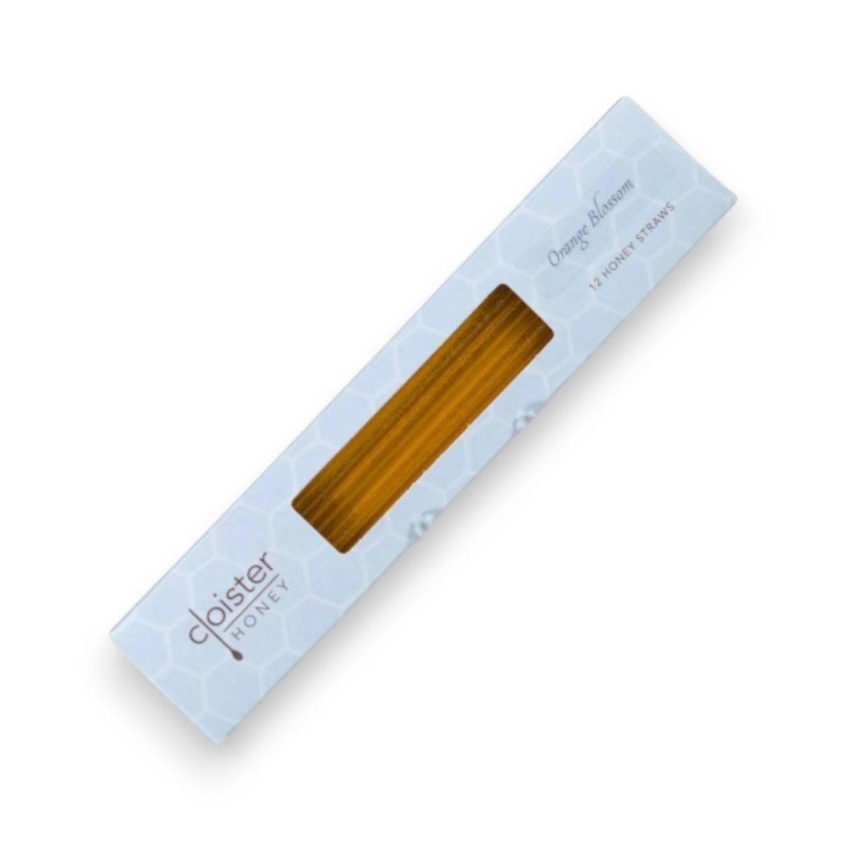 A white, rectangular box containing Cloister Honey - Orange Blossom Honey Straws. The box features a subtle honeycomb pattern and a transparent window showcasing the healthily snackable honey straws inside. Text on the box reads "Cloister Honey" and "12 Honey Straws," highlighting 100% pure, raw natural honey.