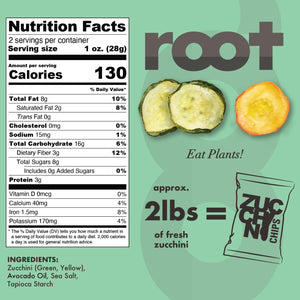 A green bag labeled “ROOT FOODS - ZUCCHINI CHIPS” from ROOT FOODS features images of zucchini and squash. These veggie chips are made with avocado oil and display vegan, gluten-free, and non-GMO certification logos on the packaging.