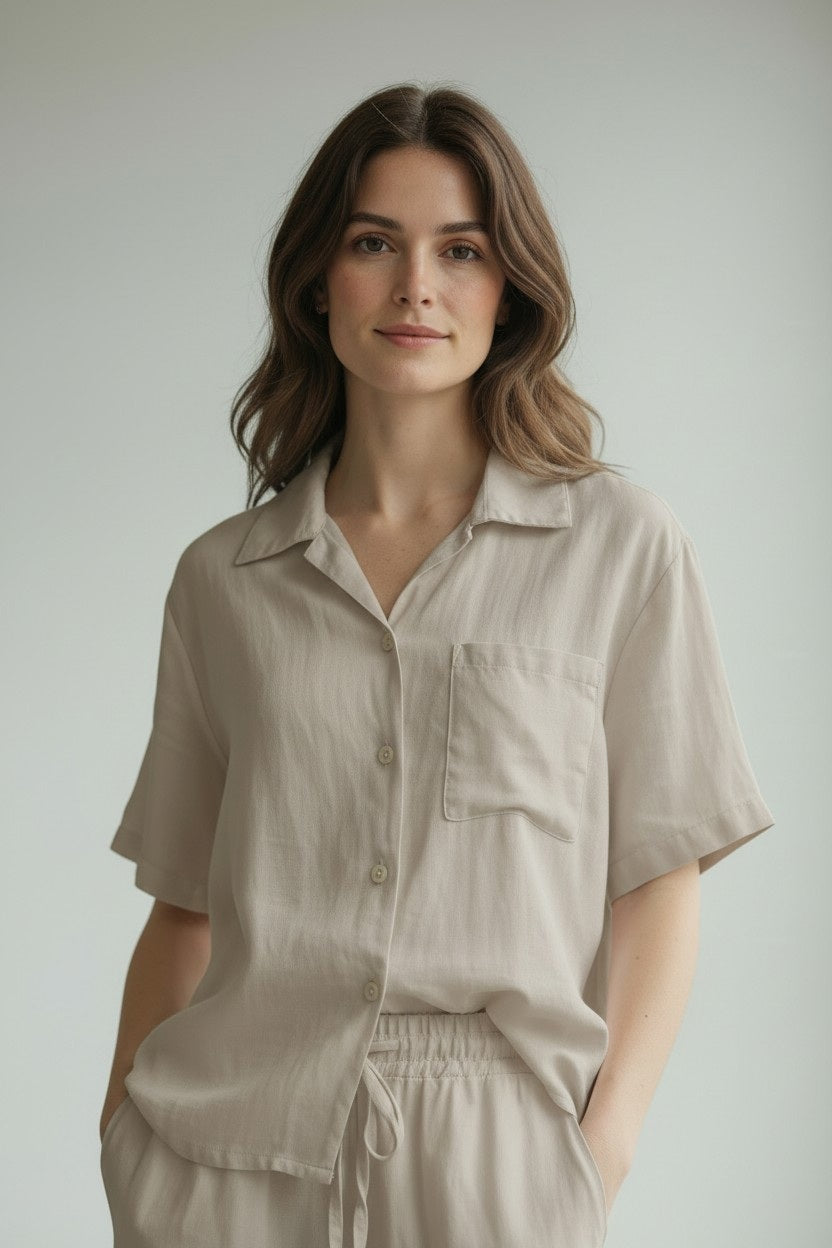A woman with wavy brown hair wears the LLEA BLUE Casey Short Sleeve Linen Shirt in Oatmeal—a light beige, short-sleeved button-up from LLEA BLUE featuring a chest pocket and a relaxed silhouette—paired with matching drawstring pants, perfect for warm-weather days, as she stands against a plain light background.