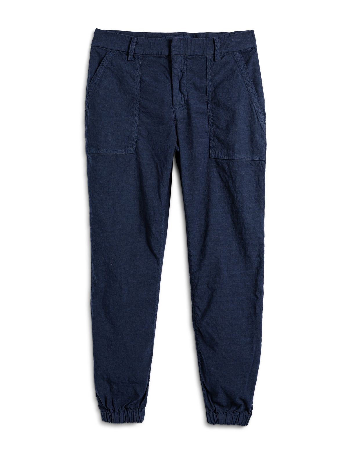 Introducing the FRANK &amp; EILEEN JAMESON UTILITY JOGGER IN PERFORMANCE LINEN NAVY: a pair of high-rise jogger cargo pants crafted from textured Italian Performance Linen in a deep navy hue. These stylish joggers feature two front utility pockets, two large side pockets, an elastic waistband with belt loops, and elastic cuffs at the ankles. The pants are displayed on a plain white background.