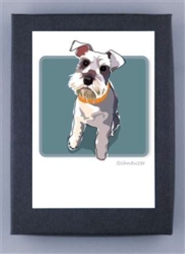 PAPER RUSSELLS - SCHNAUZER BOX NOTES by PAPER RUSSELLS feature a small white and gray dog with a yellow collar on a teal background, framed in black—ideal for eco-friendly stationery or recycled paper cards.