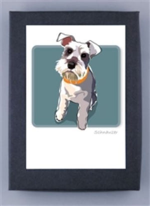 PAPER RUSSELLS - SCHNAUZER BOX NOTES by PAPER RUSSELLS feature a small white and gray dog with a yellow collar on a teal background, framed in black—ideal for eco-friendly stationery or recycled paper cards.