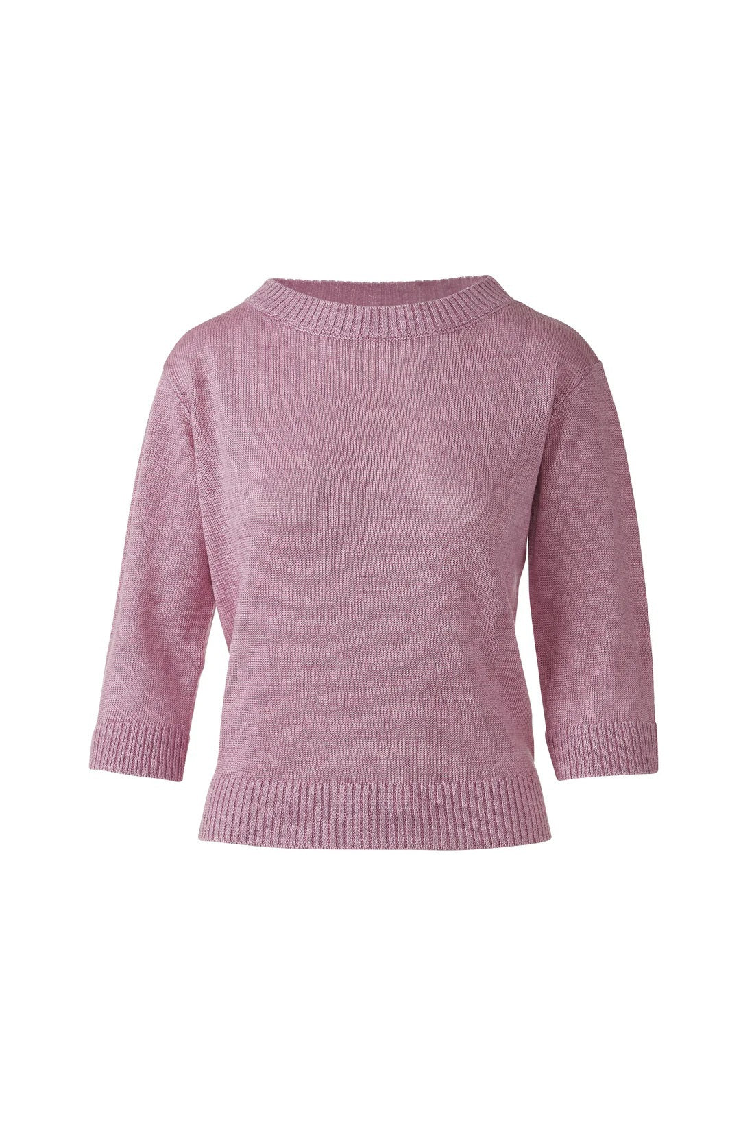 Close-up of the KINROSS CASHMERE - ELBOW SLEEVE LINEN PULLOVER by KINROSS, highlighting its brown 100% linen knit with detailed vertical stitches and interlocking loops for a soft, textured look.