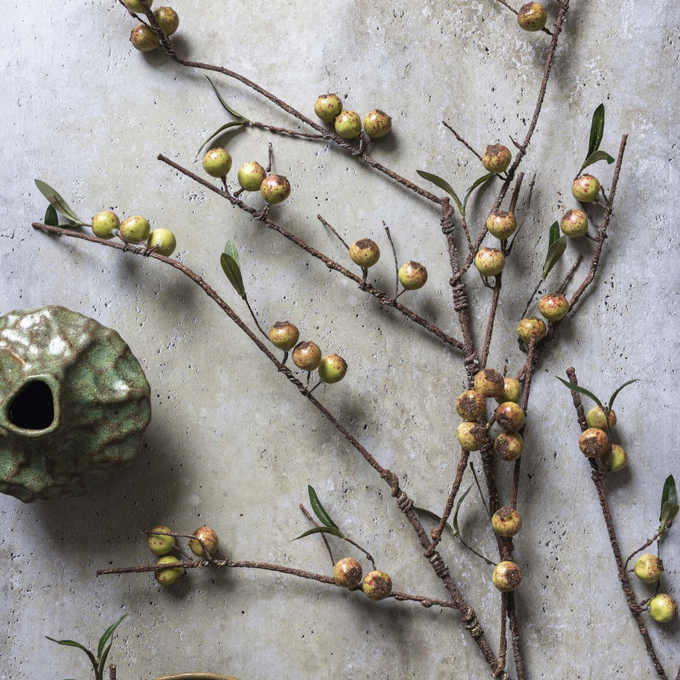 The ABIGAIL AHERN - ROSEHIP DAPPLED is a single artificial stem with small brownish-yellow berries and green leaves on slender, woody stems, perfect for adding a natural touch to your decor.