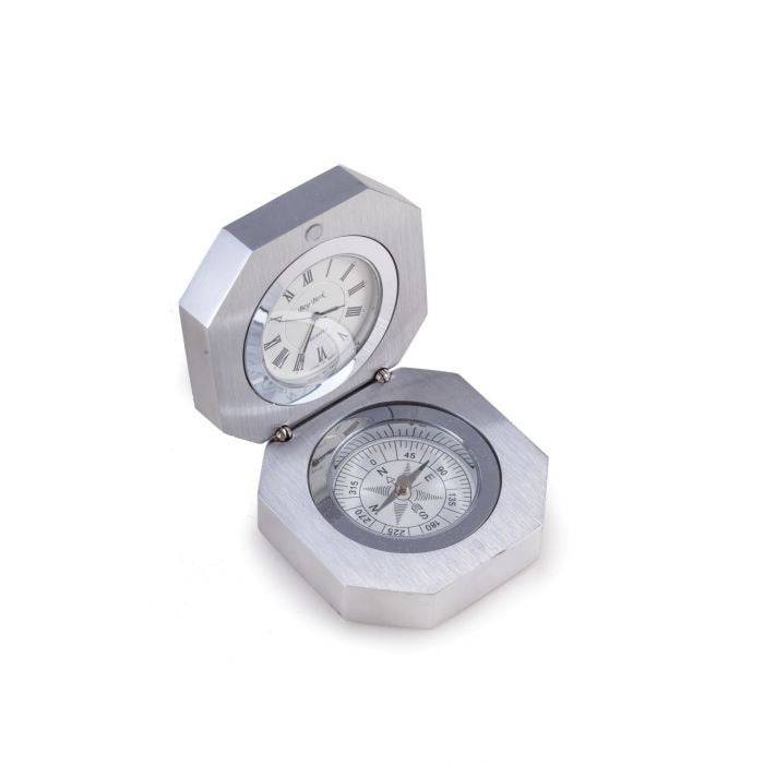 The BEYBERK INTERNATIONAL STAINLESS STEEL COMPASS AND CLOCK features a silver octagonal hinged case, with a white analog clock on top and a steel compass below—a perfect nautical gift for explorers.