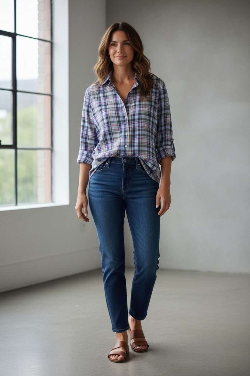 A person stands indoors by a large window, wearing the FRANK & EILEEN EILEEN Relaxed Button Up Shirt in Italian Cotton Blue Gold Green Plaid, paired with blue jeans and brown sandals. The setting features a plain background with natural light streaming through the window.