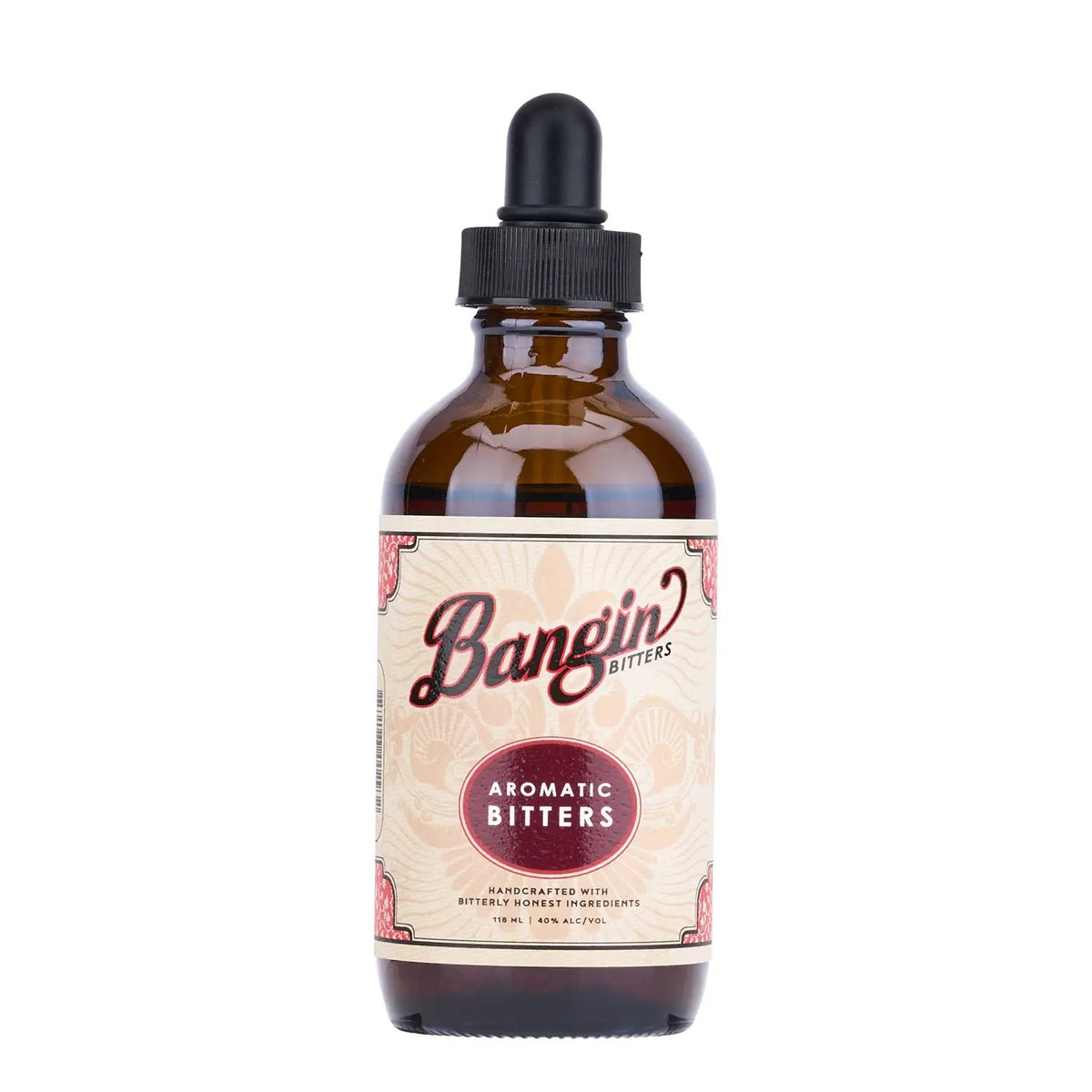 A brown glass bottle labeled “YES COCKTAIL CO - BANGIN’ BITTERS AROMATIC” from YES COCKTAIL CO. features a dropper cap and a beige and red label highlighting its handcrafted recipe with all-natural ingredients and botanicals. The bottle stands upright against a white background, making it an ideal cocktail gift for any enthusiast.