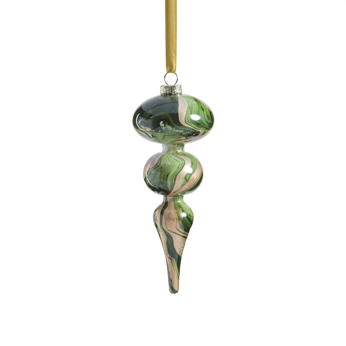 The ZODAX SOLID LUSTER WATER COLOR FINIAL GLASS ORNAMENT features an abstract stacked shape with swirling green, white, and gold patterns, measures 2.75 x 7.5 inches, and hangs from a gold ribbon.