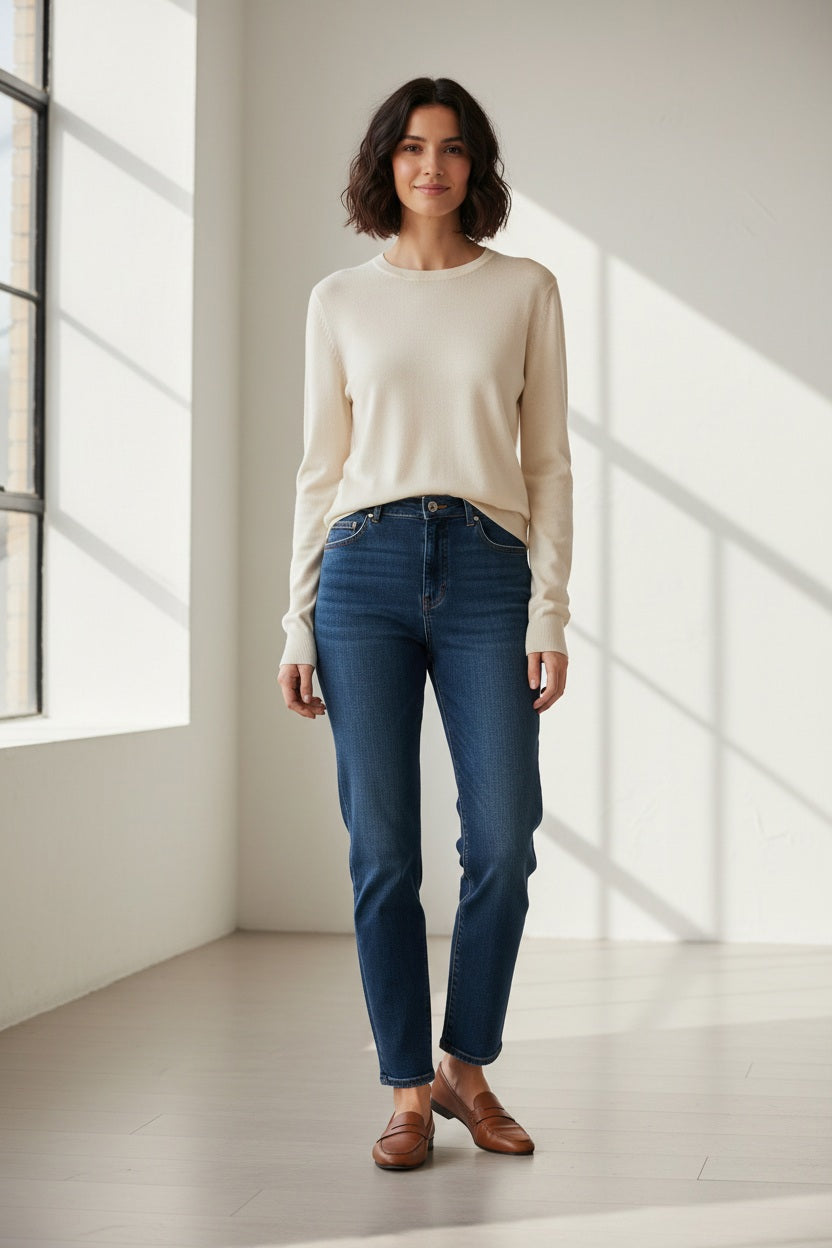 The SEVENTY VENEZIA - Crew Neck Cotton and Modal Top in Ivory by SEVENTY is showcased against a light background, featuring a simple front view with no visible patterns, logos, or embellishments. Made from a soft cotton-modal blend, this long-sleeve top combines comfort with timeless, understated style.