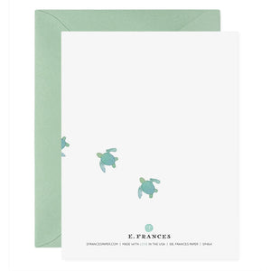 E. FRANCES PAPER's "Best Dad Ever" card showcases a watercolor of a large and small turtle on heavyweight paper, complemented by a green envelope.