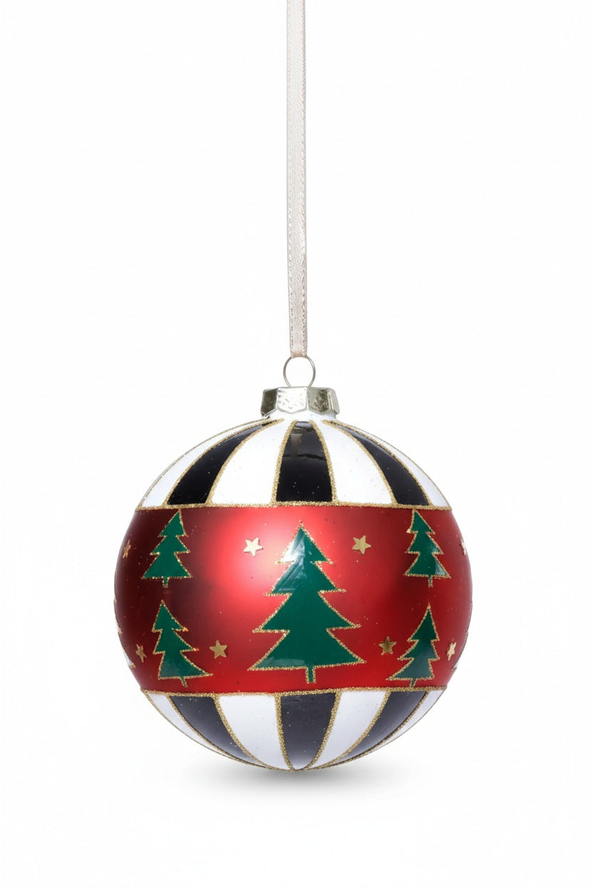 ZODAX TREE DESIGN GLASS BALL ORNAMENT: A 4-inch glass spherical ornament featuring a red band with green pine tree patterns, alternating with black and white stripes, finished with a dark green velvet ribbon.