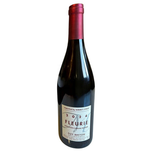 A bottle of GUY BRETON FLEURIE BEAUJOLAIS 2024 by WINE: TRYON, featuring a red foil top and white label with "Imported by Kermit Lynch," is shown against a white background.