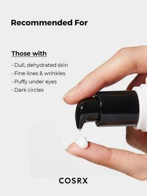 Infographic featuring KOSMIC KBEAUTY SKINCARE’s COSRX - ADVANCED SNAIL PEPTIDE EYE CREAM (25ML): highlights include 73.6% snail secretion filtrate for intense hydration, a 5-peptide complex to boost skin elasticity, betaine & sodium hyaluronate for moisture retention, and allantoin & panthenol for gentle eye area care—each benefit visually paired with an image of a white cream blob.