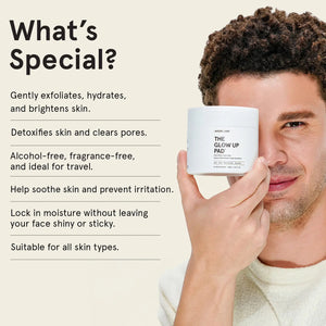 A white jar labeled JAXON LANE - GLOW UP PAD DAILY DETOX TONER PADS sits with a clear tweezer in front of a textured pad. These hydrating, biodegradable pads contain AHA, PHA, niacinamide, and rice bran.