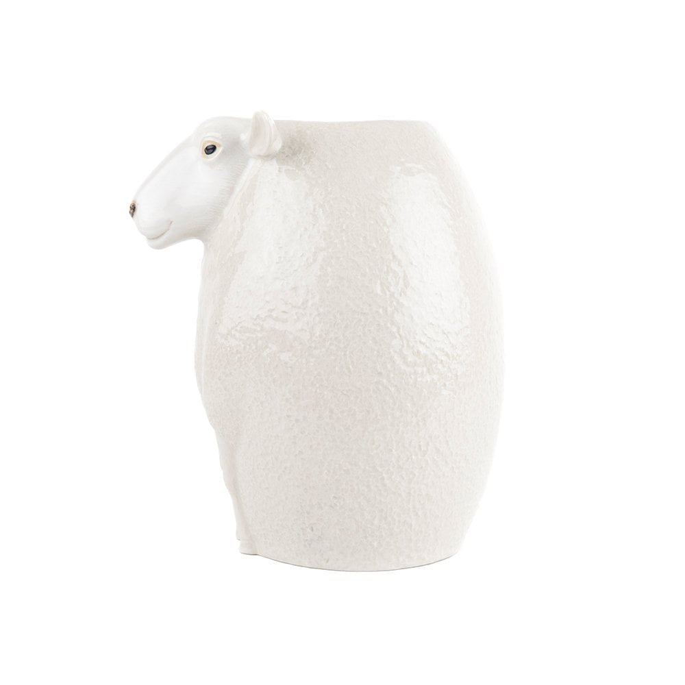 The QUAIL DESIGNS WHITE SUFFOLK SHEEP FLOWER VASE features textured white ceramic fur, upright ears, and a calm expression, shown against a plain white background—a charming piece for any décor.