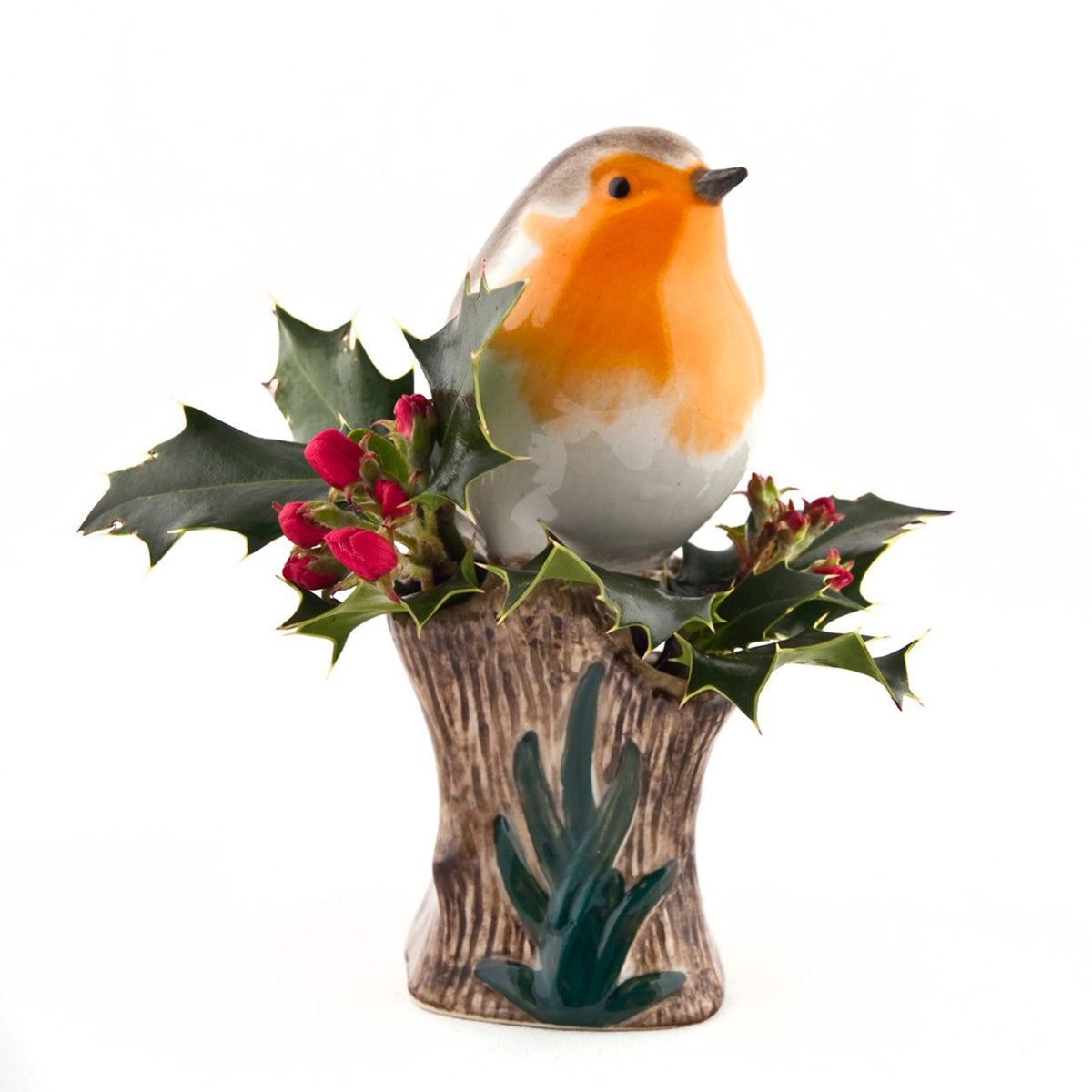 The QUAIL CERAMICS - ROBIN BUD VASE by QUAIL DESIGNS is a handpainted stoneware vase featuring a ceramic robin with an orange breast perched on a leafy tree stump on a white background.