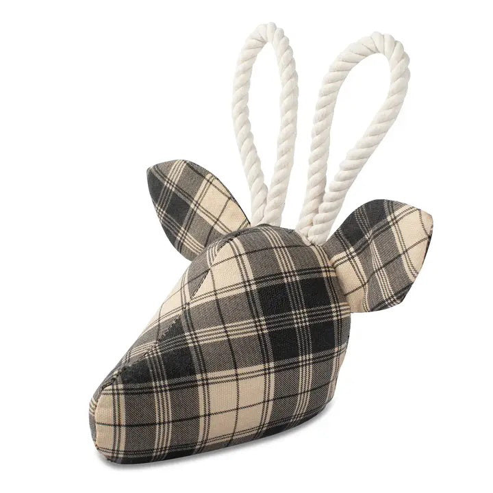 A dog toy named &quot;Plaid Deer,&quot; offered by PET SHOP BY FRINGE STUDIO, features a deer head design with a black and beige plaid pattern. Crafted with non-toxic inks, this toy includes rope loops as antlers and matching fabric ears.