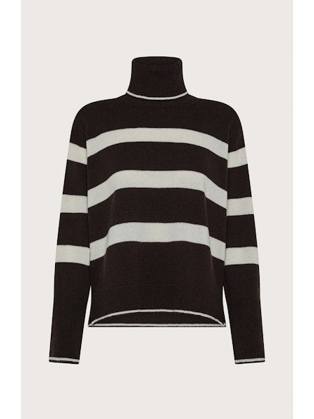The SEVENTY VENEZIA - BOLD STRIPE TURTLENECK by SEVENTY features wide white stripes on black, long sleeves, and a relaxed fit. This stylish Italian-made sweater is shown on a plain light background.