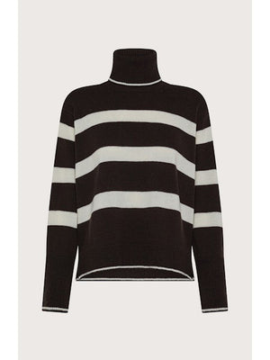 The SEVENTY VENEZIA - BOLD STRIPE TURTLENECK by SEVENTY features wide white stripes on black, long sleeves, and a relaxed fit. This stylish Italian-made sweater is shown on a plain light background.