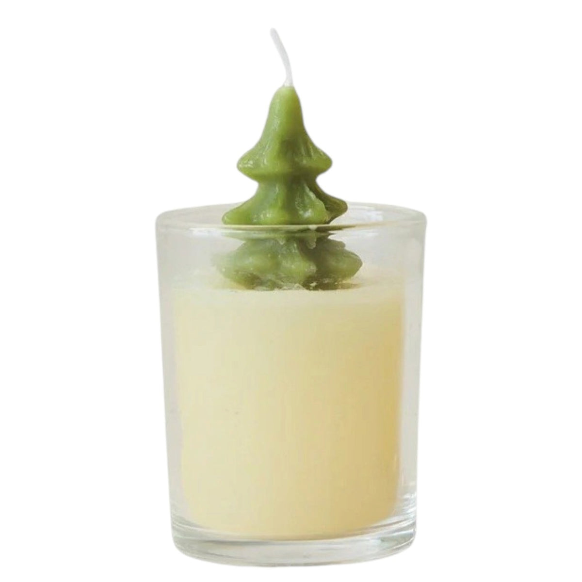A cream-colored UNSCENTED TREE CANDLE IN GLASS VESSEL by CREATIVE COOP, topped with a small, green, tree-shaped wax decoration.