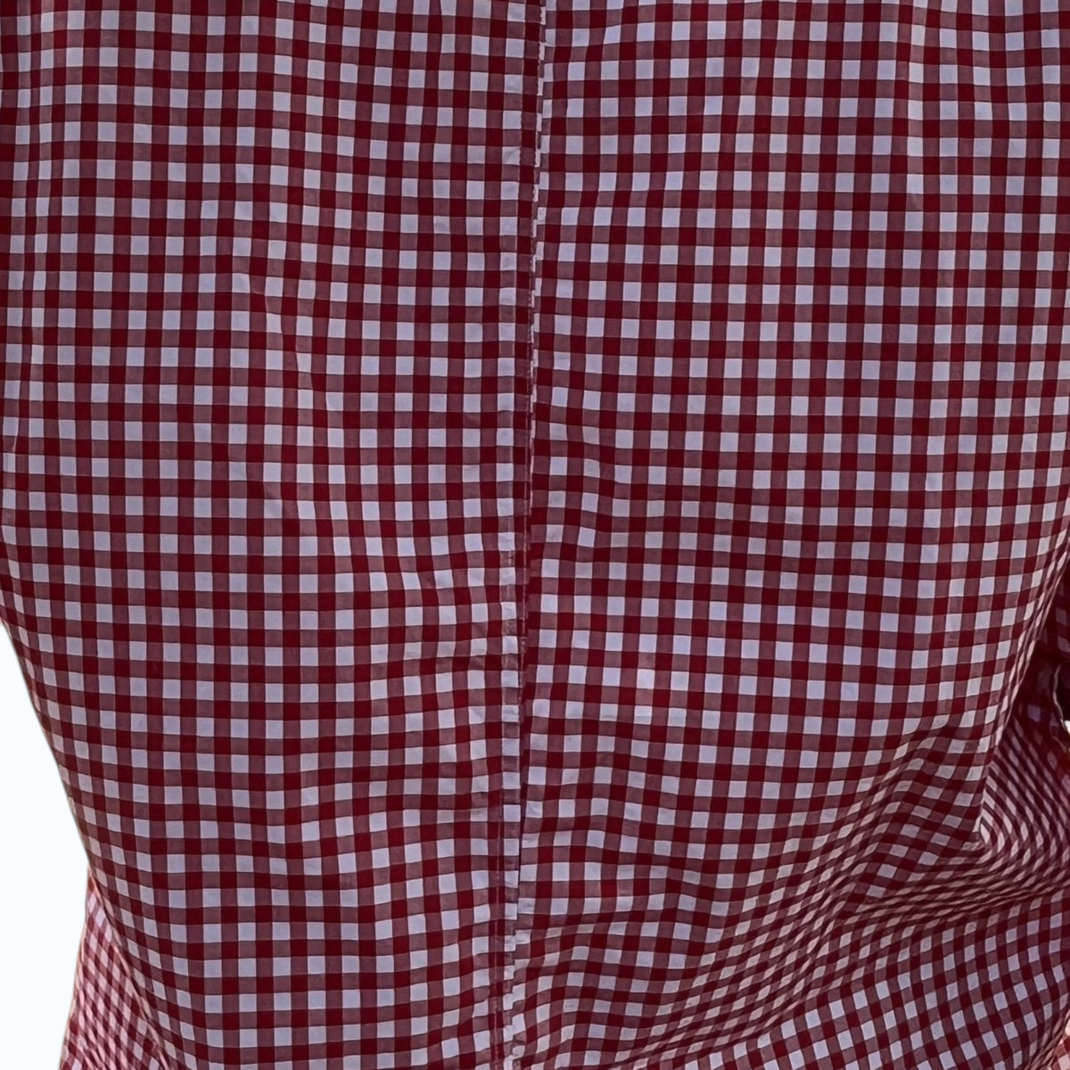 Close-up of the FRANK & EILEEN Finbar Men's Button Up Shirt in red and white check, showcasing its Italian cotton fabric, center vertical seam, and classic grid of small squares for a refined look.