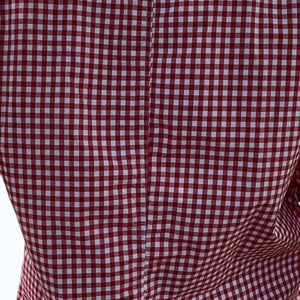 Close-up of the FRANK & EILEEN Finbar Men's Button Up Shirt in red and white check, showcasing its Italian cotton fabric, center vertical seam, and classic grid of small squares for a refined look.