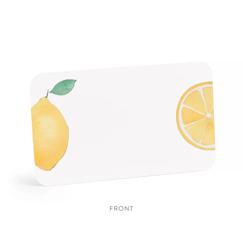 The E. FRANCES PAPER - LEMON LITTLE NOTES come in a clear box with 85 hand-painted watercolor lemon-illustrated cards. The label says, "E. Frances, Little Notes, use unsparingly." These notecards add citrus charm to any message with simple packaging featuring lemon graphics.
