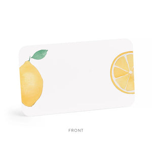 The E. FRANCES PAPER - LEMON LITTLE NOTES come in a clear box with 85 hand-painted watercolor lemon-illustrated cards. The label says, "E. Frances, Little Notes, use unsparingly." These notecards add citrus charm to any message with simple packaging featuring lemon graphics.