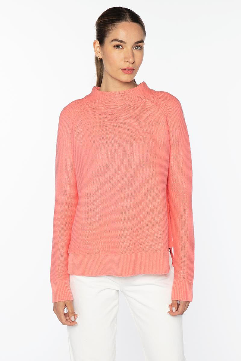 The KINROSS CASHMERE Garter Funnel Sweater in Cotton is a light pink, long-sleeve knit with a mock neck and ribbed cuffs and hem, crafted from 100% cotton. Displayed on a plain white background. Brand: KINROSS.