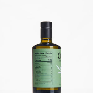 A bottle of OLIVEA - EVERYDAY HIGH PHENOLIC EXTRA VIRGIN OLIVE OIL, crafted from Greek olives and featuring a green label adorned with an olive branch illustration, is set against a plain white background. This USDA Certified Organic product from OLIVEA ensures purity and exceptional flavor in every drop.