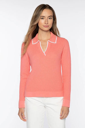 The KINROSS Tipped Rib Cotton Polo in White is a luxury essential, featuring 100% cotton with a deep V-neck and black-trimmed collar, shown against a plain white background.