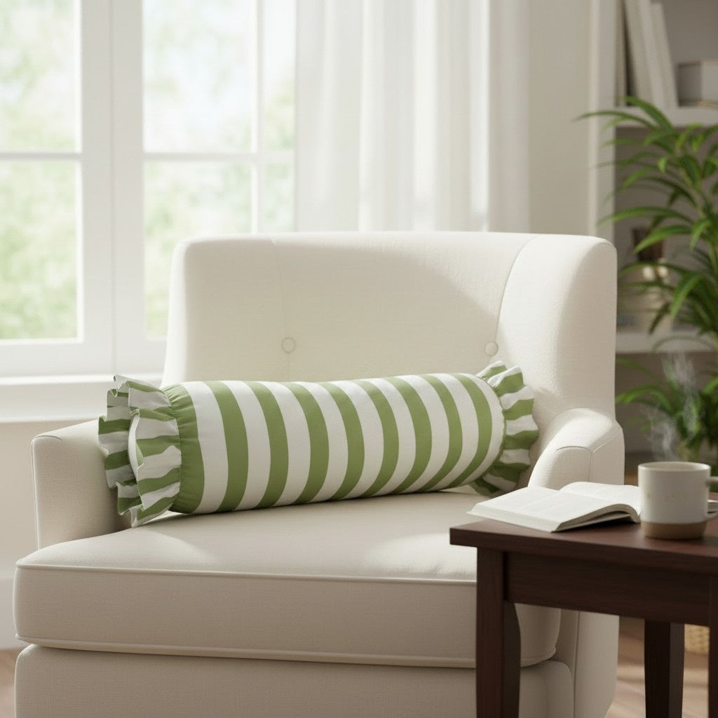 The LOOM & CLOTH Simple Stripe Ruffled Bolster Pillow in Green features a cylindrical design with green and white horizontal stripes and charming ruffled ends. Crafted from 100% cotton, this vintage-chic pillow brings a delightful accent to any space. Displayed on a white background, it perfectly combines classic style with cozy comfort.