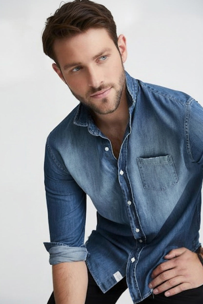 The FRANK &amp; EILEEN LUKE Men’s Famous Denim Distressed Vintage Wash button-up features long sleeves, a front pocket, rolled cuffs, relaxed fit, visible collar label, and comes in light blue Italian denim against a white background.