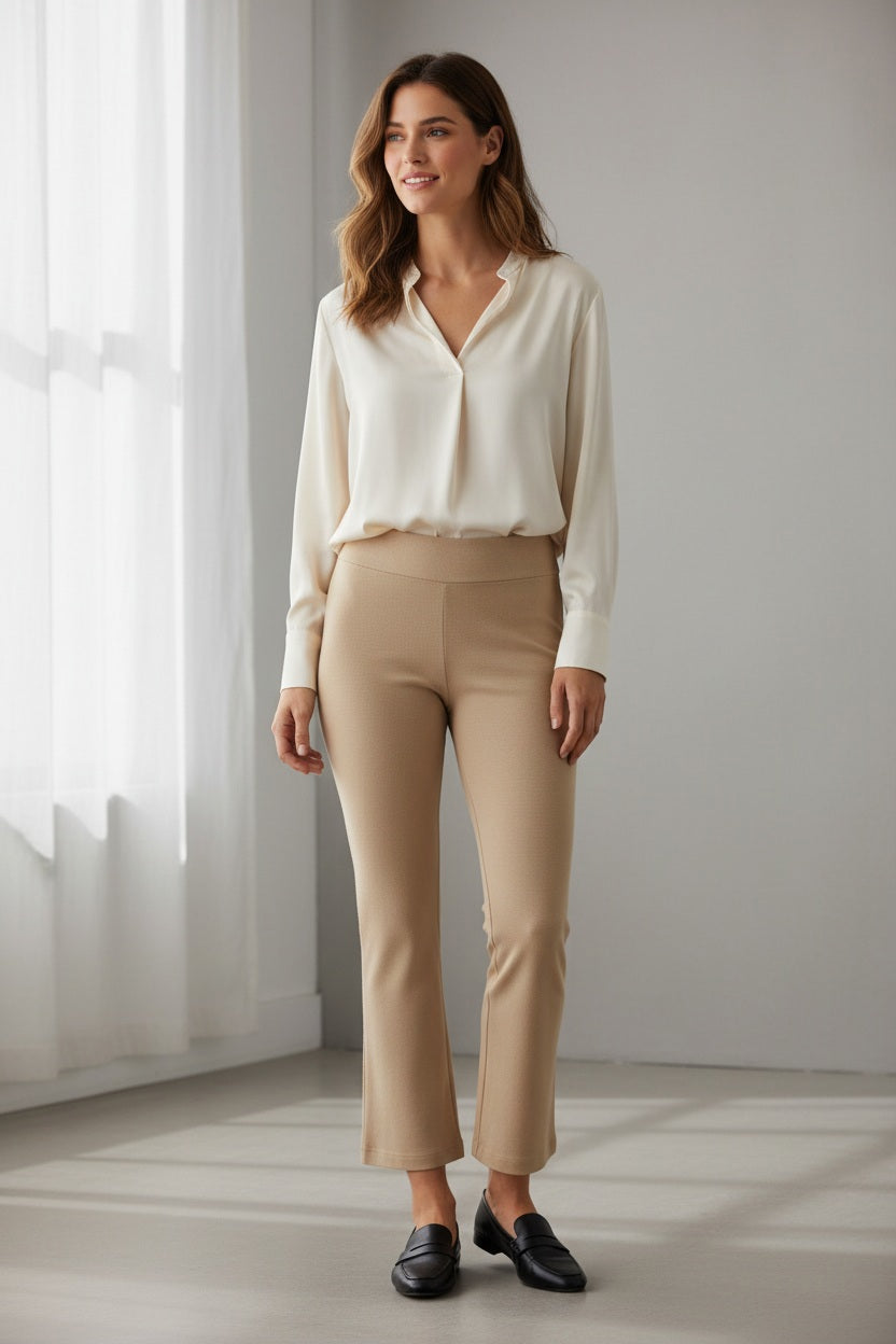 A woman stands indoors by a large window, wearing a long-sleeve cream blouse and the KRAZY LARRY, INC PULL ON WIDE ANKLE PANT in black, which features a tummy tuck design. She completes her look with black loafers and smiles slightly, her wavy brown hair catching the sunlight that casts shadows on the white floor and wall.