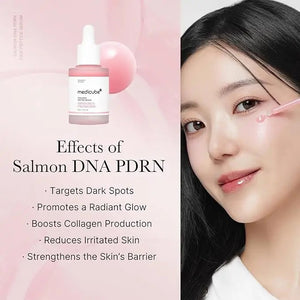 A pink-tinted dropper bottle labeled "GLOWISS MEDICUBE - SALMON DNA PDRN PINK PEPTIDE SERUM" is shown with pink liquid drops. The 30ml serum targets uneven skin tone and boosts elasticity.