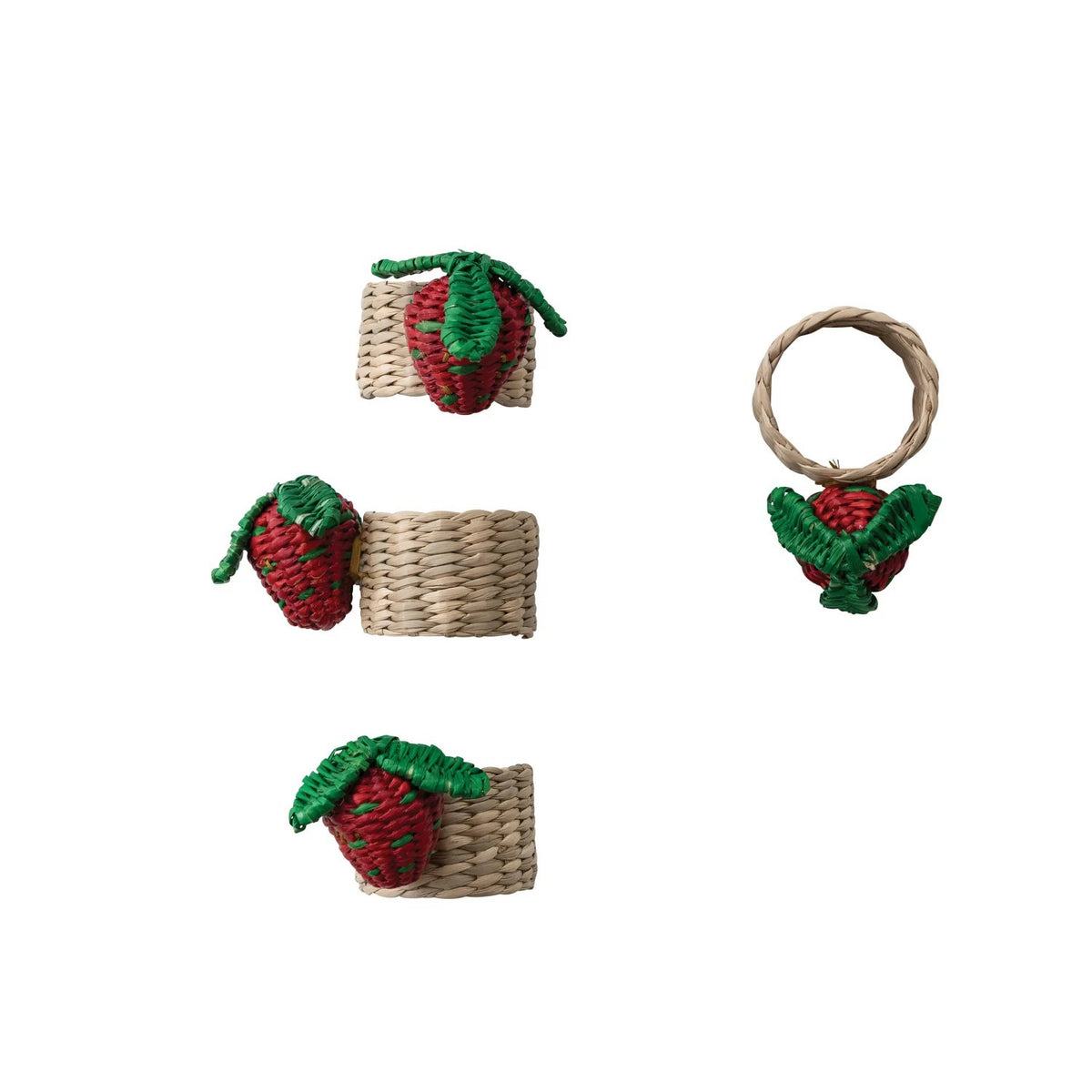 The CREATIVE COOP HAND-WOVEN SEAGRASS STRAWBERRY NAPKIN RINGS, SET OF 4, feature red and green strawberry accents and are displayed on a white background.