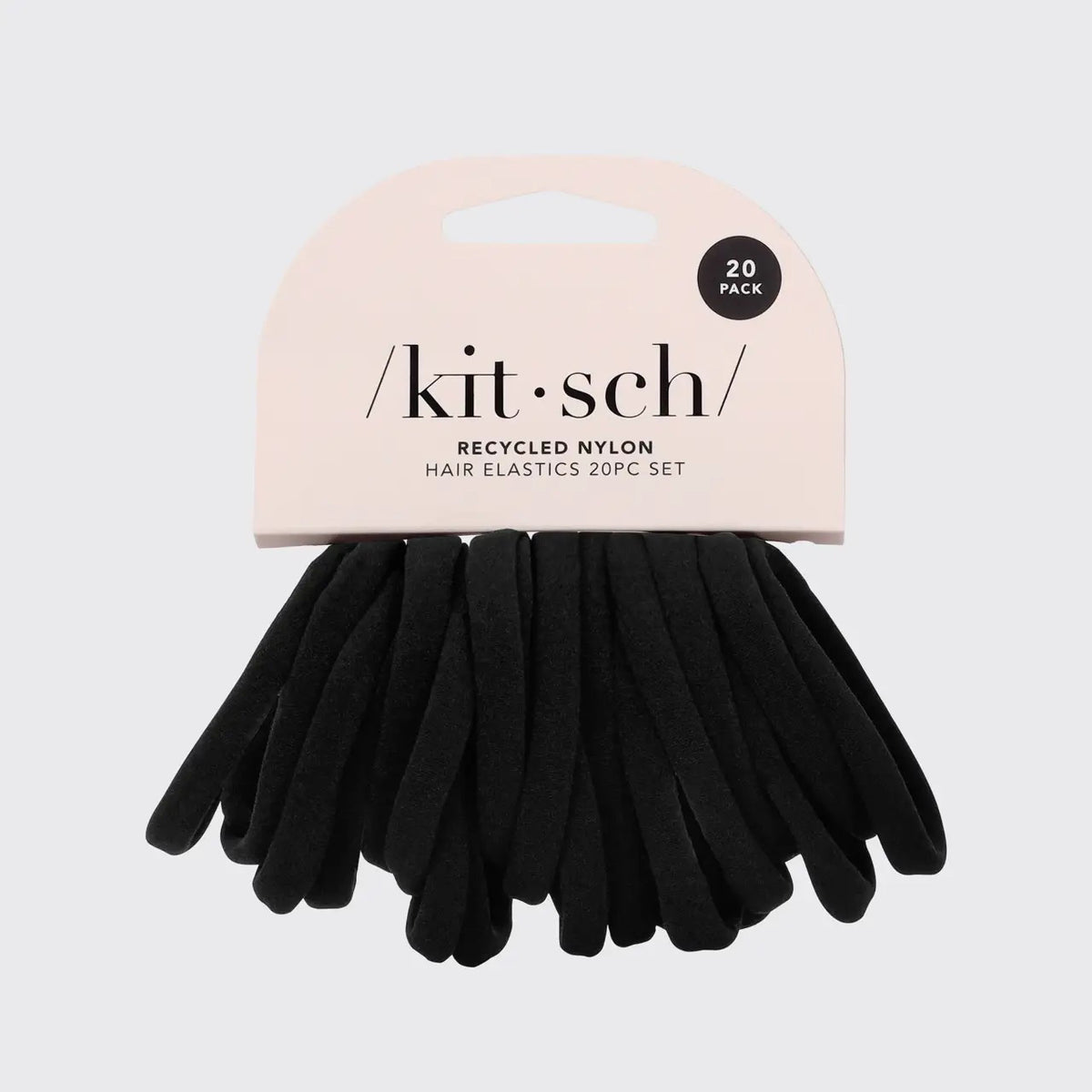 A 20-pack of KITSCH's eco-friendly nylon hair elastics, made from recycled materials, provides all-day hold. The minimalist packaging has a light background with "KITSCH" elegantly printed.