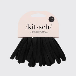A 20-pack of KITSCH's eco-friendly nylon hair elastics, made from recycled materials, provides all-day hold. The minimalist packaging has a light background with "KITSCH" elegantly printed.