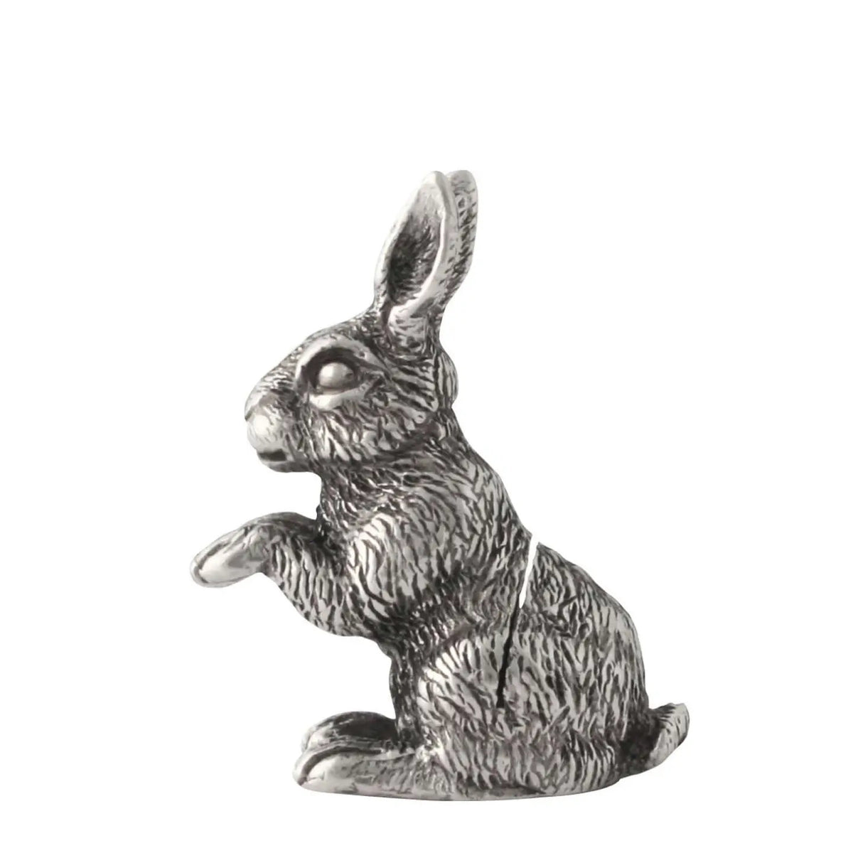 The VAGABOND HOUSE PEWTER RABBIT PLACE CARD HOLDER, detailed with intricate fur, sits elegantly on wood next to a white &quot;Carrots&quot; card. Blurry orange carrots in the background add rustic charm.