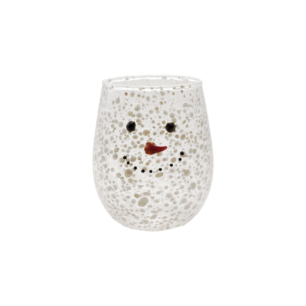 The CREATIVE COOP CONFETTI DRINKING GLASS WITH SNOWMAN FACE is a clear, stemless glass with a textured, bubbly surface and a cheerful snowman face featuring black dot eyes and mouth plus an orange-red curved nose.