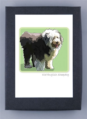 The PAPER RUSSELLS - OLD ENGLISH SHEEPDOG NOTECARDS by PAPER RUSSELLS feature an original illustration of an Old English Sheepdog with fluffy white and gray fur on a light green background. The words "Old English Sheepdog" are elegantly framed with a black border on premium recycled paper.