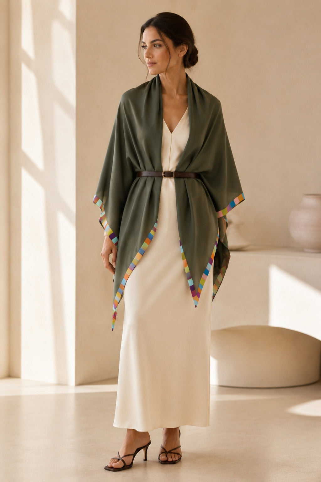 A woman stands indoors in soft natural light, wearing the FRANCO FERRARI Cashmere Scarf 135x135 in green—its colorful square trim elegantly draped over a dark gray sweater and light beige pants.