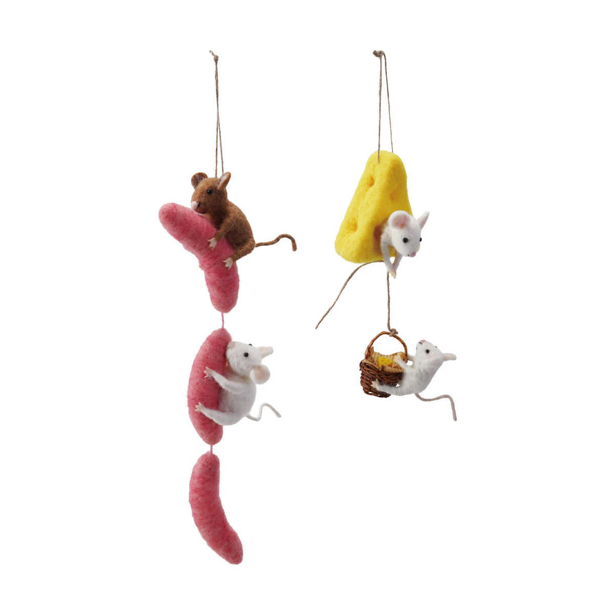 The CREATIVE COOP FELT MICE ON SAUSAGE AND CHEESE ORNAMENTS features four felt mice: two white on a pink sausage, a brown mouse above them, one on yellow cheese, and another lounging in a wicker basket.