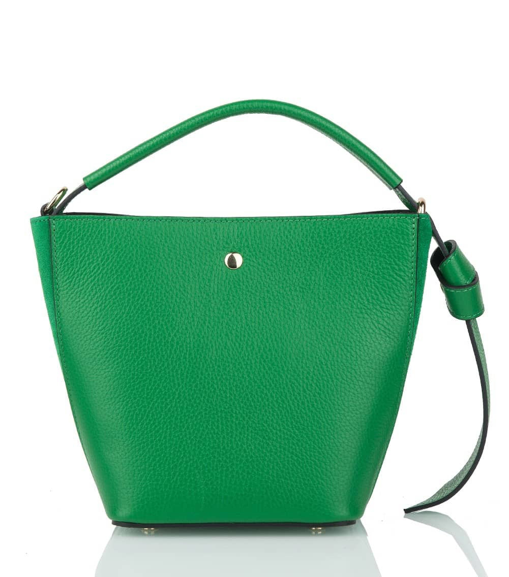Introducing the SMALL LEATHER BUCKET HANDBAG by LE BORSETTE: This sleek white handbag boasts a structured design with a single top handle and detachable crossbody straps. With its minimalistic style and tiny gold accent on the front, its clean lines and smooth texture provide a modern, sophisticated look.